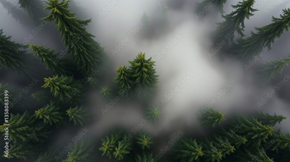 Obraz premium Mystical, foggy, forest, trees, mist, serene, eerie, nature, tranquil, mysterious, calm, woodland, silence, ethereal, atmospheric, enchanting, peaceful, haunting, quiet, solitude, stillness, magical, 