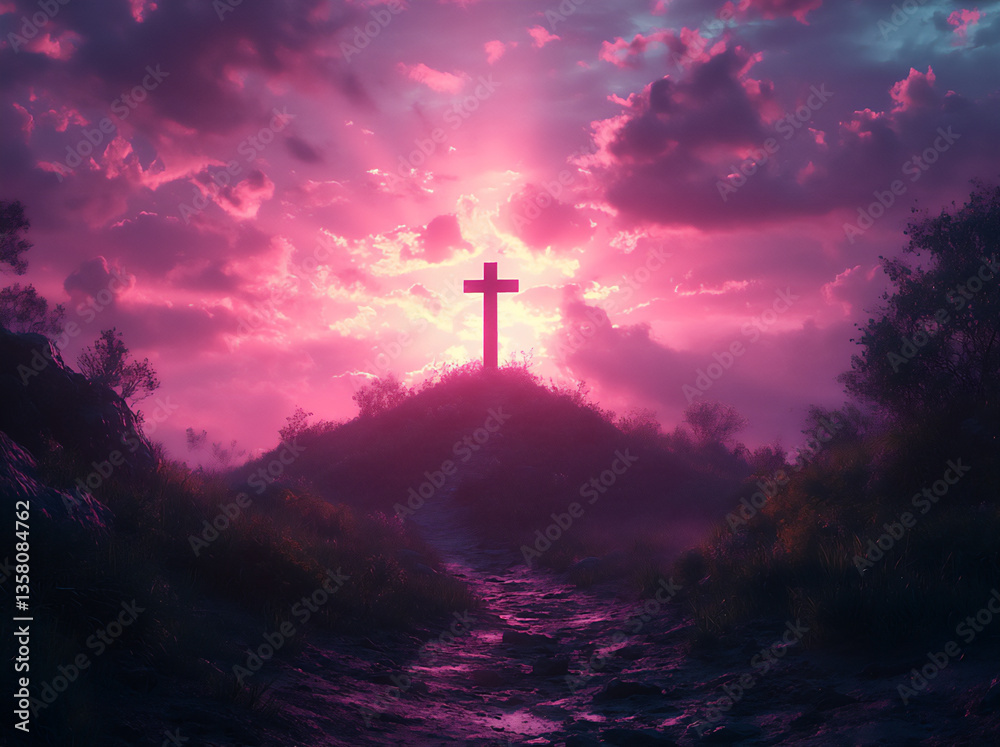 Fototapeta premium a cross atop a hill,