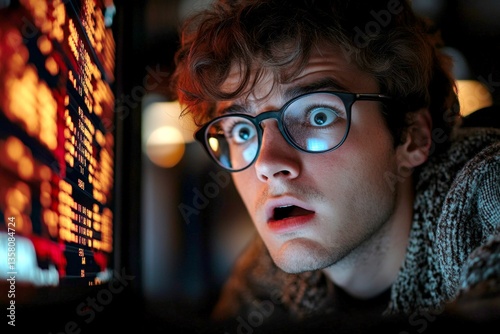 Expert caucasian young man in weekend, infographics reflections in his glasses. Visual idea of it. Cloud architect looks terribly scared at the led panel, in dark it infrastructure. photo