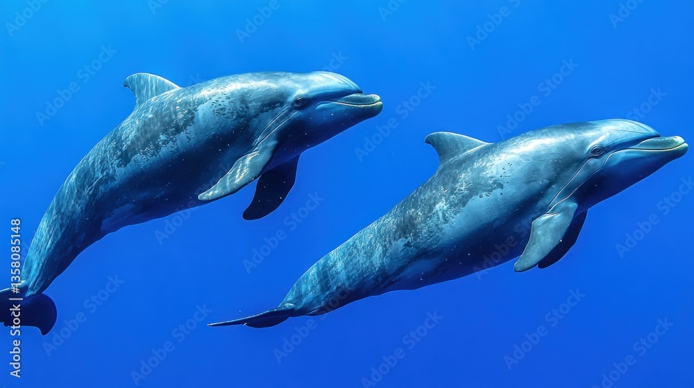 Naklejka premium Two dolphins swim gracefully in deep blue ocean water