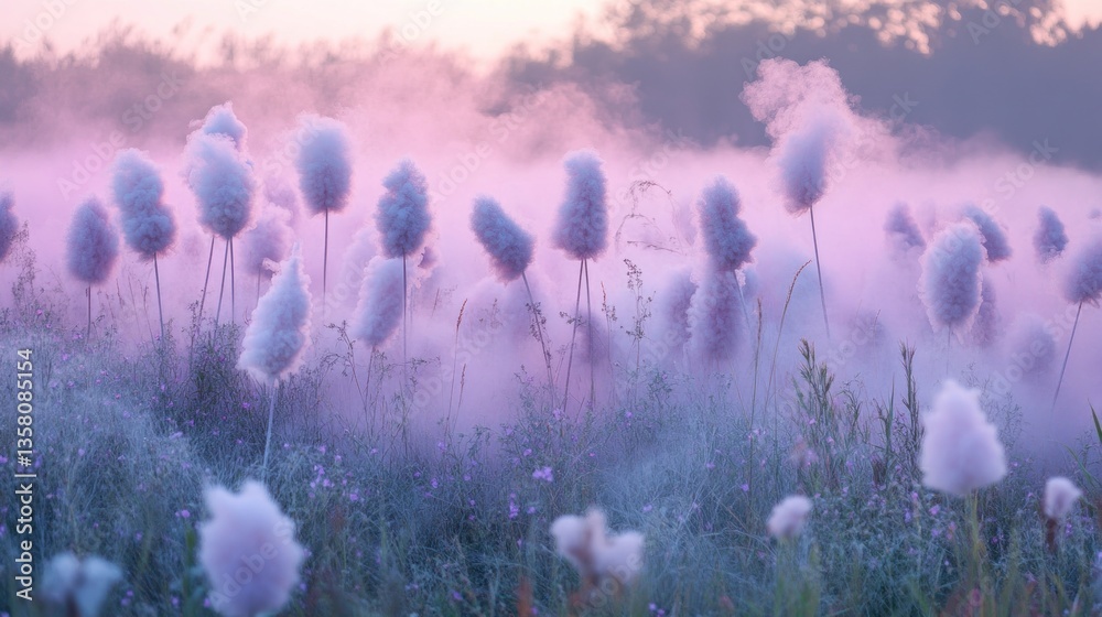 Naklejka premium Dreamlike Field of Fluffy White Plants in Soft Pink Mist