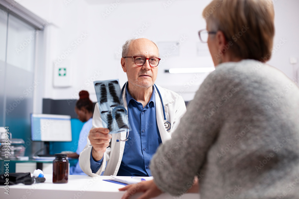 Fototapeta premium Senior female patient sits across from her retired male physician, who is reviewing xray in hospital office. Elderly doctor discusses medical findings with old woman, outlining treatment options.