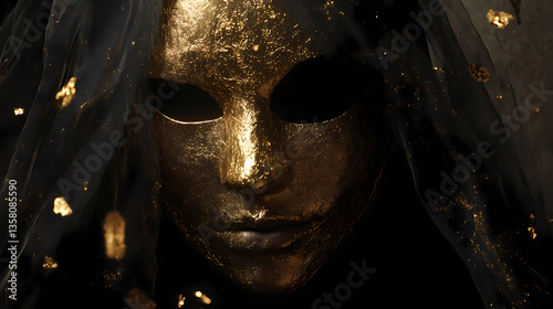 Golden masked enigma: a captivating still life featuring a mysterious figure veiled in shadows, their face adorned with shimmering gold leaf, a study in contrasts. Veiled Darkness. Illustration