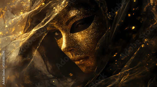 Golden masked enigma: a captivating still life featuring a mysterious figure veiled in shadows, their face adorned with shimmering gold leaf, a study in contrasts. Veiled Darkness. Illustration