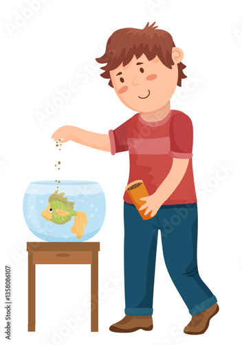 Vector illustration of a boy feeding his pet fish in a fishbowl on a stand. The scene captures a child caring for aquatic animals.