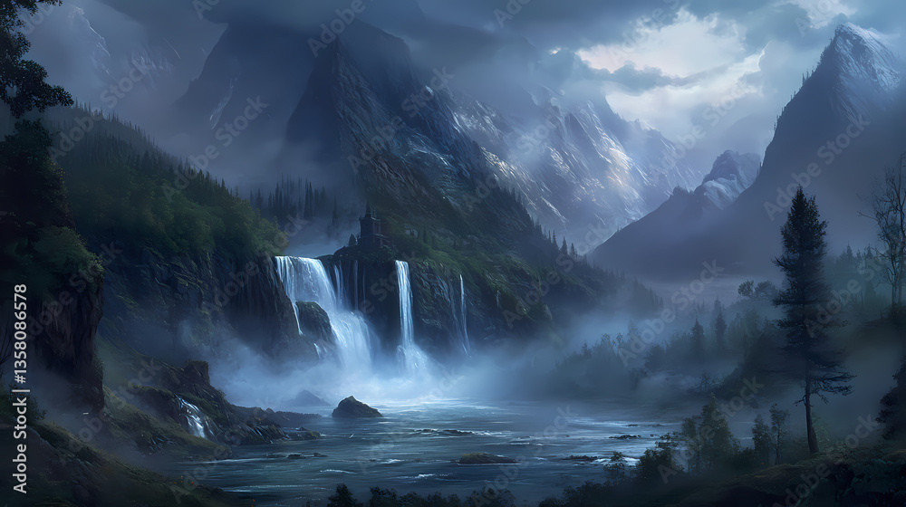 Fototapeta premium Misty veil wraps around the falls' base at dusk, mist, evening, darkness. Veiled Darkness. Illustration