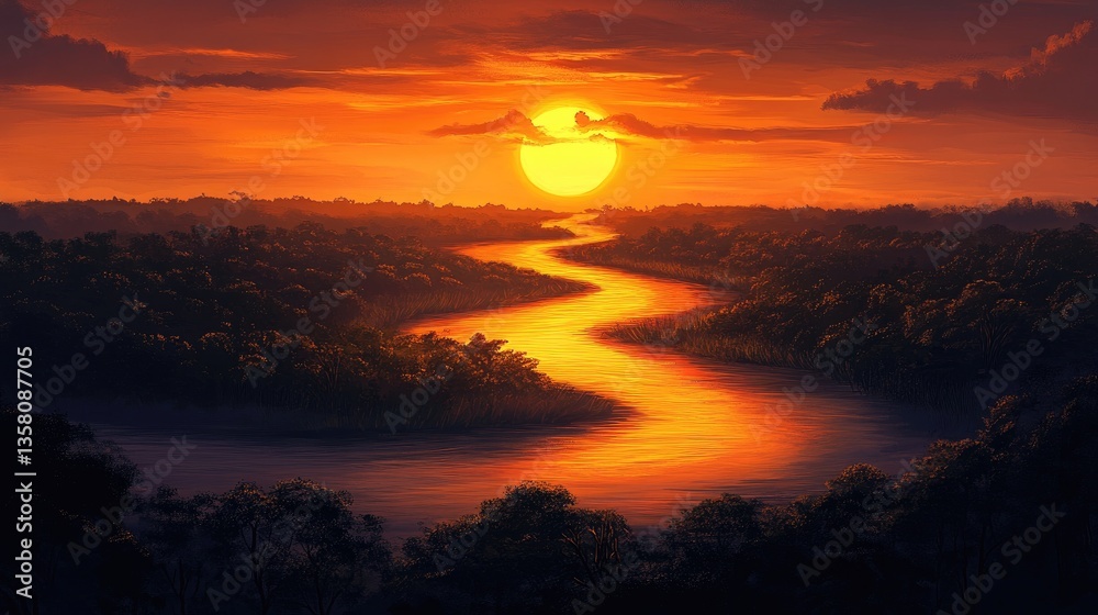 Fototapeta premium Sunset River Winding Through Lush Forest Landscape