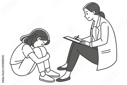 Depressed Girl in Therapy with Woman Doctor. Line Art Vector Design