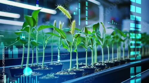 Modern greenhouse with growing plants and digital analytics overlay showcasing agricultural innovation