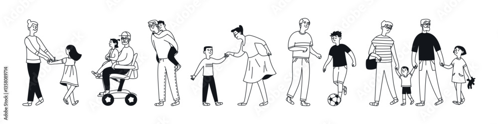 Set of Grandparents and grandchildren. Generation. Active games and communication. Isolated doodle illustration Set of Grandparents and grandchildren. Generation. Active games and communication. Isolated doodle illustration