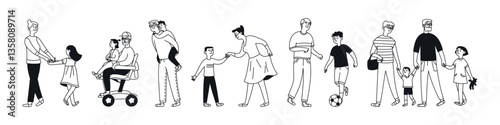 Set of Grandparents and grandchildren. Generation. Active games and communication. Isolated doodle illustration