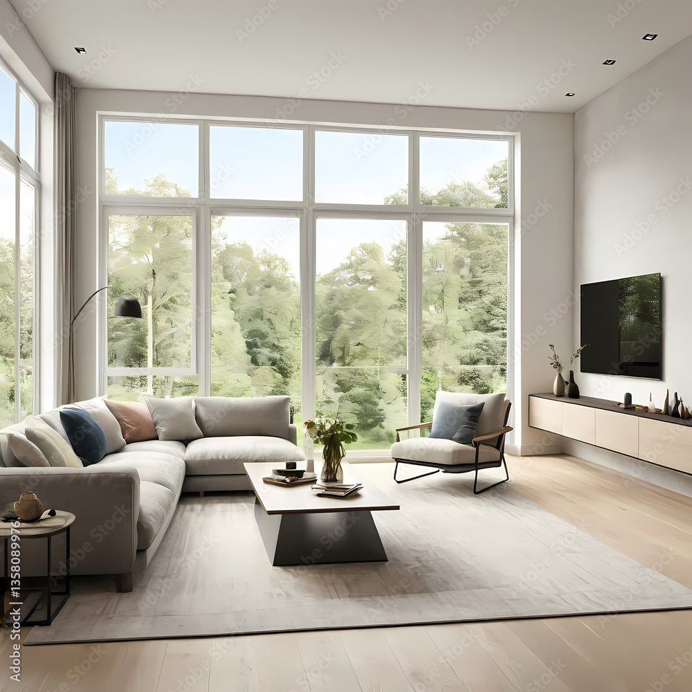 Obraz premium Modern living room large window left side has Energy efficient air conditioner