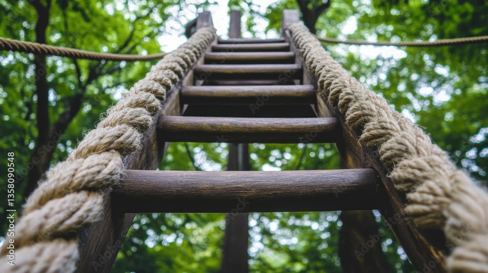 Wooden Ladder Ascending Through Lush Green Trees Wooden Ladder Ascending Through Lush Green Trees