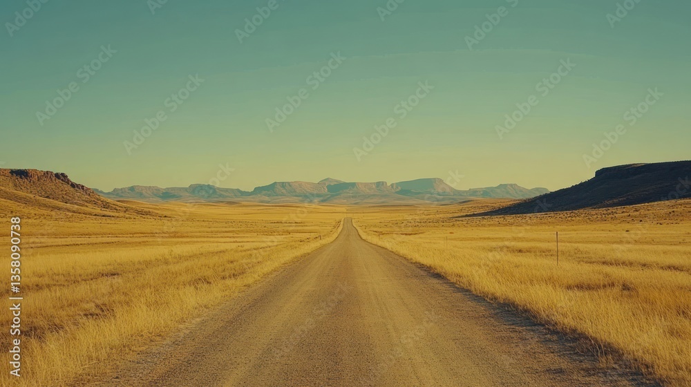 Naklejka premium Long desert road leads to distant mountains