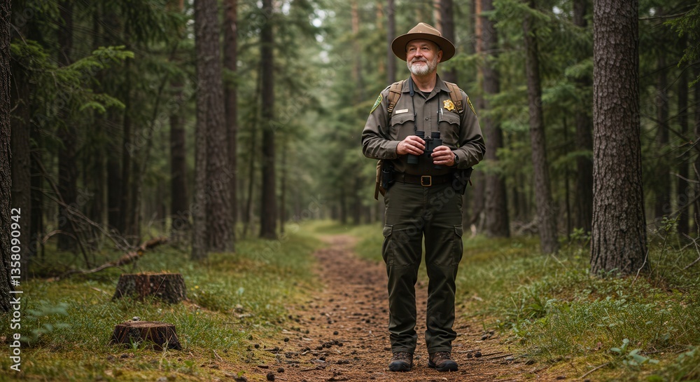 Senior Park Ranger with Binoculars on Forest Trail Senior Park Ranger with Binoculars on Forest Trail