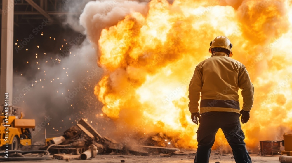 Obraz premium Firefighter Observing Massive Explosion in Industrial Area During Disaster Response Training Exercise