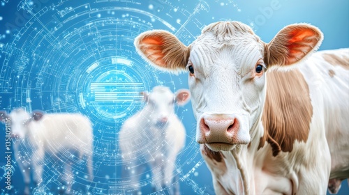 Cow with digital technology background in agriculture