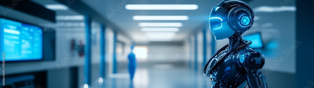 Futuristic robot observes a hallway with human silhouette and screens Futuristic robot observes a hallway with human silhouette and screens