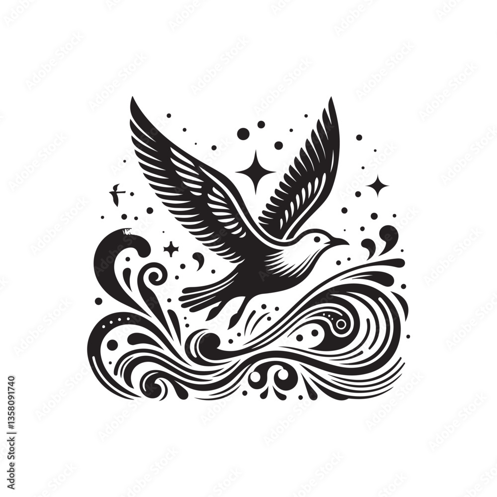 Obraz premium Black Color Seagull Silhouette Vector Illustration, Solid White Background