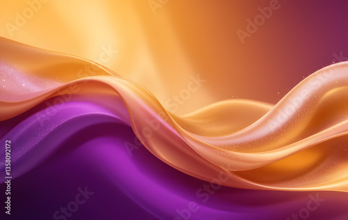 Abstract Background with 3D Wave Bright Gold and Purple Gradient Silk Fabric. 3D silk fabric waves in gold and purple. Design visual for background wallpaper banner poster or cover.