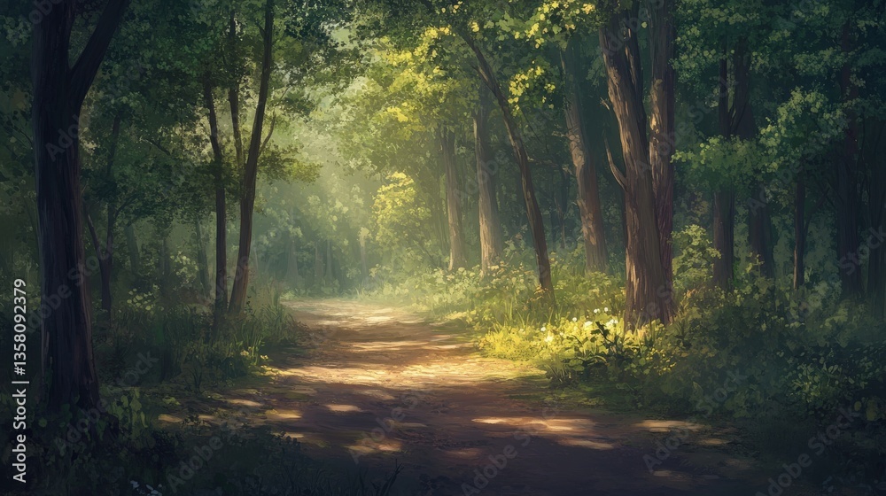 Obraz premium Sunlit Path Winds Through A Lush Forest Landscape Scene