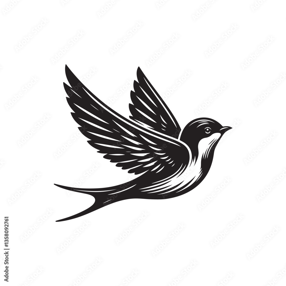 Obraz premium Black Color Swallow Silhouette Vector Illustration, Solid White Background