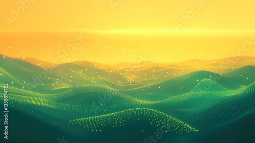 Digital landscape, sunset hills, abstract, futuristic design photo