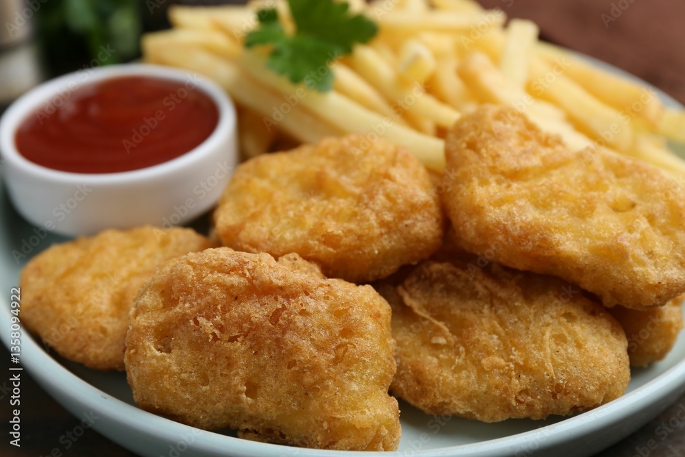 Tasty chicken nuggets and french fries with sauce on wooden table, closeup