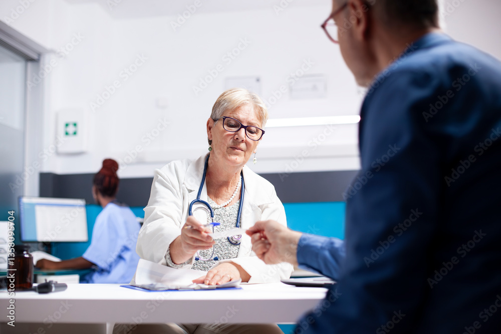 Obraz premium Male pensioner patient receives medical advice in form of written document from retired doctor in clinic office. Elderly female physician in lab coat handing over prescription to senior man.