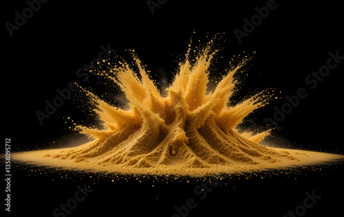 Gold Glitter Texture Isolated on Black Background. Golden sand explosion isolated on black background. Abstract sand cloud. Golden colored sand splash against dark background. 