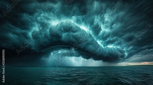 Stormy clouds over dark ocean. Dramatic lightning. Stock photo photo