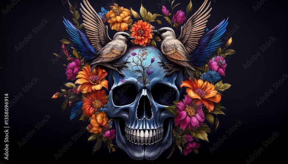 Naklejka premium skull with flowers and birds 