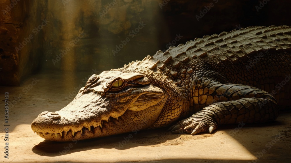 Obraz premium A Large Crocodile Rests In Sunlit Enclosure