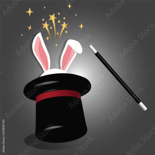 This image beautifully represents the iconic magic hat trick, where a magician seemingly pulls a rabbit out of an empty top hat. 