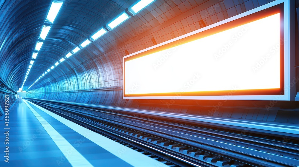 Empty subway tunnel with blank advertising billboard Empty subway tunnel with blank advertising billboard