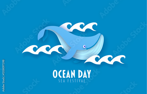 Paper cut oceans day banner cartoon whale and sea waves. Vector poster for environmental protection, save nature and World ecology event with cute marine animal in blue water with 3d papercut waves