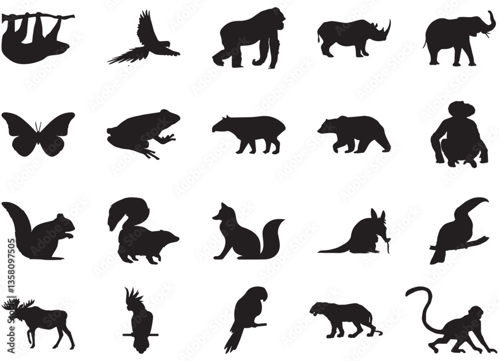 Obraz premium Diverse Animal Silhouettes Collection for Creative Use – Ideal for Graphic Design, Crafts, and Decor – Capture the Essence of Wildlife with Striking Black Shapes for Unique Artistic Projects