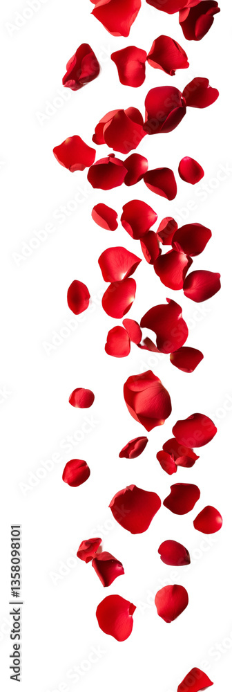 Falling red rose petals and flowers on white background Falling red rose petals and flowers on white background