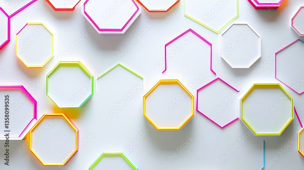 Overlapping hexagons neon outlines and soft shadows on a white background Overlapping hexagons neon outlines and soft shadows on a white background