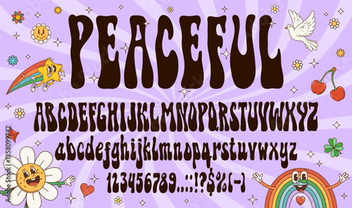 Groovy retro psychedelic font, hippy type, 60s trippy typeface, vintage english alphabet with vector cute hippie rainbow, flower and star characters. Groovy psychedelic font alphabet letters, numbers