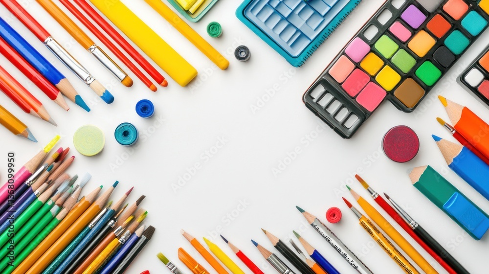 Naklejka premium Colorful Art Supplies Flatlay: Pencils, Paints, and Brushes