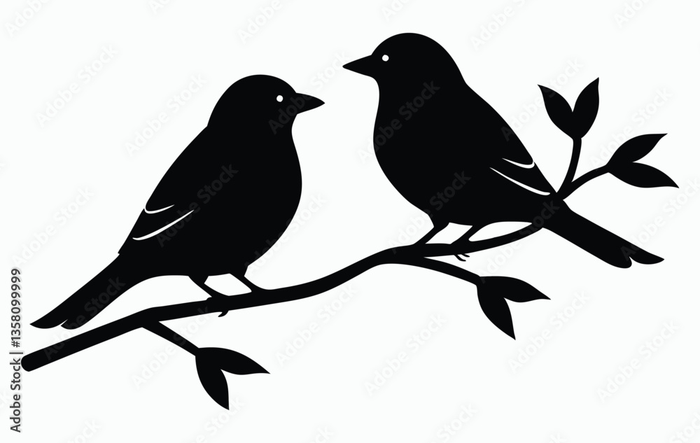 Two bird sitting on a branch silhouette on white background Two bird sitting on a branch silhouette on white background
