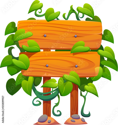 Cartoon wooden sign board decorated tropical jungle leaves and lianas. Wood signboard with creeper plants, roots or thicket. Vector direction sign, banner on poles with hanging rainforest greenery