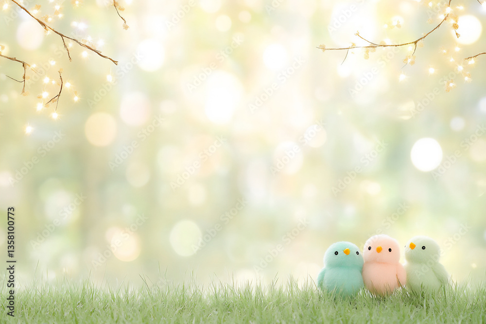 Fototapeta premium colorful easter eggs and chicks on a green grass meadow with sunshine in t