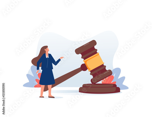 Woman judge makes fair decision for defendant who has broken law, standing near large gavel. Miniature judge feels fear