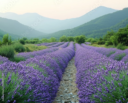Serene lavender fields stretch towards hazy mountains under a soft, pale sky. Rows of purple blooms create a calming scene