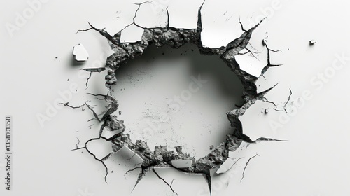 Circular Hole Punched Through White Surface, Fractured Concrete, Empty Space photo