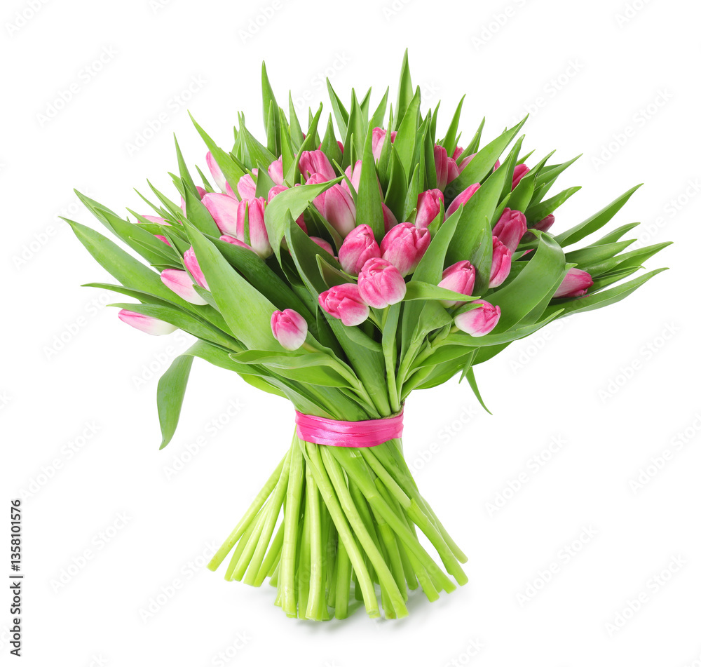 Fototapeta premium Bouquet of beautiful pink tulips isolated on white