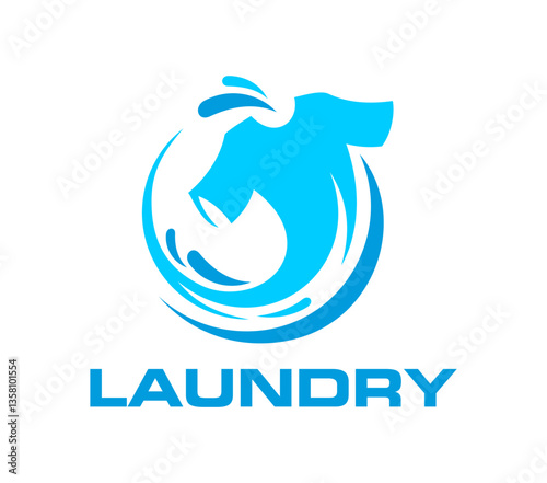 Laundry service, clothing wash service icon. Clothing cleaning and washing room blue emblem or vector sign, laundry service or laundromat vending brand icon with t-shirt spinning in washing machine