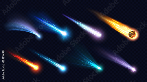 Realistic space comets, meteors, stars and asteroids with light trails at vector transparent background. Realistic 3d meteor shower, shooting stars and comet fireballs falling with fire and sparkles